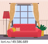 Interior of nobody living room sofa with cushions, lamp and houseplant symbols. Place for life of people bedroom design soft seat and panoramic window with curtain, light and plant indoor vector. Living Room Sofa with Cushion near Window Vector. Стоковая иллюстрация, агентство Ingram Publishing / Фотобанк Лори