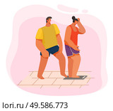 Young couple together in bathroom at home. Woman stand on scales and weigh, overweight. Lady on diet want to lose weight. Device to measure kilograms or pounds. Vector illustration in flat style. Woman Stand on Scale and Weigh, Couple in Bathroom. Стоковая иллюстрация, агентство Ingram Publishing / Фотобанк Лори