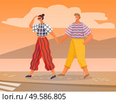 Man and woman wearing summer fashionable clothes walking outdoors in hot season. Couple holding hands traveling crossing road or street. Tourists in love, romantic pair on weekends, vector in flat. Couple Walking in Summer Season People on Vacation. Стоковая иллюстрация, агентство Ingram Publishing / Фотобанк Лори