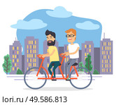 Friends men riding bicycle together in city. Smiling males in casual clothes going on ecotransport near buildings. People on transportation symbol in urban place. Friend activity biking in town vector. People Riding Bicycle Together in City Vector. Стоковая иллюстрация, агентство Ingram Publishing / Фотобанк Лори