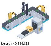 Mechanisms working on automated production. Smart robotic machines controlling microchips on conveyor. Factory produces and transport product. Vector illustration of automation in flat style. Machines Work on Automated Production, Factory. Стоковая иллюстрация, агентство Ingram Publishing / Фотобанк Лори