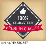 Guaranteed premium quality, 100 percent absolute guarantee label, hand with thumb up. Vector square stamp certificate with approval sign of raised hand vector banner, illustration in flat style. 100 Percent Absolute Guarantee Premium Quality. Стоковая иллюстрация, агентство Ingram Publishing / Фотобанк Лори