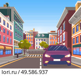 City street with car on it. Modern cityscape with road and pedestrian crossings for citizens, decorative trees and developed infrastructure. Vehicle riding along houses. Vector in isometric 3D style. City Center Road with Transport in Motion Vector. Стоковая иллюстрация, агентство Ingram Publishing / Фотобанк Лори
