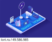 Smart home wireless connection, remote control of house electric appliances, 3d icons on smartphone screen vector. Intercom and teapot, fan and surveillance camera. Computer and WiFi, isometric. House Wireless Electric Appliances and Smart Home. Стоковая иллюстрация, агентство Ingram Publishing / Фотобанк Лори