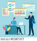 Man and woman employees cooperating and discussing graph report on workplace. Worker female using computer sitting at desktop. People teamwork strategy and growth chart business success vector. Workers Teamwork Strategy and Graph Report Vector. Стоковая иллюстрация, агентство Ingram Publishing / Фотобанк Лори