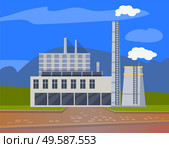 Industrial enterprises vector, cityscapes and cities with factories. Smoke and fumes from pipes, industry development, manufacture old town structure. Urbanscape road Building of factory. Flat cartoon. Factories and Enterprises, Industry Manufacturing. Стоковая иллюстрация, агентство Ingram Publishing / Фотобанк Лори