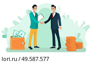 Businessmen shacking hands and discussing a deal and business issues. Work collaboration, workers communicate, partnership, wallet with cash, gold coins vector. Businessmen Shaking Hands, Partnership Vector. Стоковое фото, агентство Ingram Publishing / Фотобанк Лори