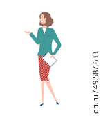 Standing business woman or head manager with short brown hairstyle wearing jacket and red skirt with turned head and raised hand vector illustration. Woman Worker with Short Wavy Hair Vector Cartoon. Стоковая иллюстрация, агентство Ingram Publishing / Фотобанк Лори