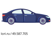 Blue car isolated on white background. Sedan with glasses. Auto to drive and get your destination quickly. Wheeled motor vehicle used for transportation. Vector illustration in flat style. Car Isolated on White Background, Sedan Vehicle. Стоковая иллюстрация, агентство Ingram Publishing / Фотобанк Лори