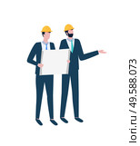 Managers discussing project, men in helmets, employees wearing suit, person holding large sheet of paper, teamwork cooperation, corporate strategy vector. Employee Discussing, Worker Holding Project Vector. Стоковая иллюстрация, агентство Ingram Publishing / Фотобанк Лори