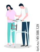 Professional support from assistance or nurse helping disabled person going with metal chair modern equipment. Therapy caring for patient male with handicap. Illness man character standing vector. Medical Service for Disabled Man with Chair Vector. Стоковая иллюстрация, агентство Ingram Publishing / Фотобанк Лори