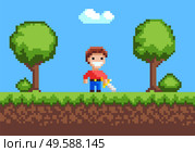Knight holding galive, portrait view of superhero cavalier with steel, war and adventure element of pixel game, tree and bush, green grass on ground vector. Superhero Knight with Steel, Green Map Vector. Стоковая иллюстрация, агентство Ingram Publishing / Фотобанк Лори