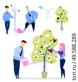 Collection of people caring for tree with likes and followers, profiles and users info. Man and woman with plant in pot, cultivating and growing metaphorical plantation, vector in flat style. People Growing and Watering Tree with Likes Set. Стоковая иллюстрация, агентство Ingram Publishing / Фотобанк Лори