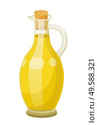 Glass bottle closed with bung with golden liquid inside. Vessel with viscous purified substance used for cooking or hair care. Vegetable, olive or sunflower, oil produced by plant. Vector illustration. Vegetable Oil for Hair Care, Liquid in Vessel. Стоковая иллюстрация, агентство Ingram Publishing / Фотобанк Лори