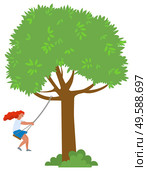 Girl with long curly red hair swinging on natural rope swing hanging from a tree branch isolated on white. Summer activity concept vector illustration. Girl on Rope Swing Hanging on Tree Branch Vector. Стоковая иллюстрация, агентство Ingram Publishing / Фотобанк Лори