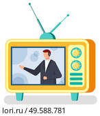 TV show host, journalist or news reader with headset, correspondent on screen vector. Male character in jacket, journalism and media resources. Multimedia entertainment, television broadcasting man. Journalist or TV Show Host, Television Broadcast. Стоковая иллюстрация, агентство Ingram Publishing / Фотобанк Лори