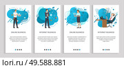 People working with help of computers vector, boss relaxing in office sitting by table with icons, woman with signed message and info digital data. Website or app slider, landing page flat style. Online Business and Solution, Character at Office. Стоковая иллюстрация, агентство Ingram Publishing / Фотобанк Лори