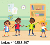 Primary or elementary school kids with backpacks. Smiling male and female students standing in classroom with bookshelf and globe vector illustration. Back to school concept. Flat cartoon. Primary School Kids with Backpacks in Classroom. Стоковая иллюстрация, агентство Ingram Publishing / Фотобанк Лори