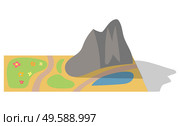 School project to create diorama. Mountain environment like natural with lake and hills, meadow and path. Landscape made by schoolchild for nature science lesson. Vector illustration in flat style. School Project Mountain Environment, Landscape. Стоковая иллюстрация, агентство Ingram Publishing / Фотобанк Лори