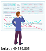 Confused character at work vector, man wearing formal clothes looking at charts on boards. Numeric data and information, businessman boss leader working. Business education. Businessman Looking at Charts Data on Board Vector. Стоковая иллюстрация, агентство Ingram Publishing / Фотобанк Лори