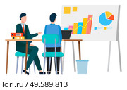Chars and information on whiteboard. People looking at board brainstorming. Company workers on meeting, conference between boss and employee. Male character with businessman, vector in flat style. Business Seminar of People, Whiteboard with Info. Стоковая иллюстрация, агентство Ingram Publishing / Фотобанк Лори