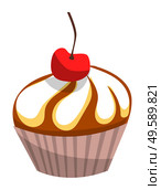 Cake with cream vector, isolated baked product decorated with cherry. Creamy food delicious meal with topping. Cupcake muffin with taste berry on top. Sweets and Bakery, Cake with Frosting and Cherry. Стоковая иллюстрация, агентство Ingram Publishing / Фотобанк Лори