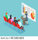 Speaker woman standing near graph report presentation and tribune with microphone 3d isometric view. Congress with financial strategy and teamwork. Speech of presenter and workers discussing vector. Workers Conference and Graph Presentation vector. Стоковая иллюстрация, агентство Ingram Publishing / Фотобанк Лори