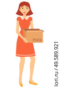 Young woman in red dress holding cardboard box. Carton container, opened parcel, packaging. Garage sale or flea market concept vector illustration. Young Woman Holding Cardboard Box Vector Image. Стоковая иллюстрация, агентство Ingram Publishing / Фотобанк Лори