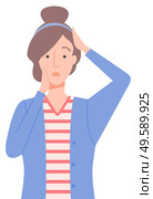 Pretty woman standing and holding her head. Lady looks sad or confused, ashamed or drear. Emotion on face. Girl in pose vector illustration flat style. Woman with Sad Emotion on Face, Posing Isolated. Стоковая иллюстрация, агентство Ingram Publishing / Фотобанк Лори