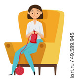 Portrait view of woman needlecrafting, person sitting on armchair with needles, crocheting cloth. Female needlework indoor, knitting hobby vector. Knitting Hobby, Girl Needle-crafting, Cloth Vector. Стоковая иллюстрация, агентство Ingram Publishing / Фотобанк Лори
