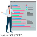 Man dealing with business problems vector, character businessman talking on phone with partners. Board with information and explanation, charts analysis. Businessman Talking on Phone with Business Partner. Стоковая иллюстрация, агентство Ingram Publishing / Фотобанк Лори
