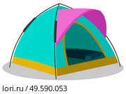 Green tent for camping or hiking. Shelter consisting of sheets of fabric draped over, attached to supporting rope. Place to sleep in trip on vacation. Sleeping pad inside booth, vector illustration. Tent for Camp, Hiking and Tourism with Ground Pad. Стоковая иллюстрация, агентство Ingram Publishing / Фотобанк Лори