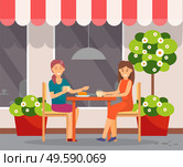 Friends talking and spending time together in cafe. Women have intimate talk on restaurant terrace. People drinking coffee and eating dessert. Exterior of cafeteria, veranda. Vector illustration. Women Drink Coffee on Terrace, Friends Talking. Стоковая иллюстрация, агентство Ingram Publishing / Фотобанк Лори
