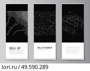 Vector layout of roll up mockup templates for vertical flyers, flags design templates, banner stands, advertising. Abstract technology black color science background. Digital data. High tech concept. Vector layout of roll up mockup templates for vertical flyers, flags design templates, banner stands, advertising. Abstract technology black color science background. Digital data. High tech concept. Стоковая иллюстрация, агентство Ingram Publishing / Фотобанк Лори