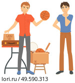 Young man selling basketball ball and other sports equipment. Tennis rocket and basketball ball in cardboard box. Garage sale or flea market concept flat vector illustration. Man Selling Basketball Ball, Garage Sale Vector. Стоковая иллюстрация, агентство Ingram Publishing / Фотобанк Лори