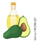 Avocado oil and fruit, isolated jar with oily essence for hair growth and skincare. Liquid full of vitamins and nutrients for skin or body. Fresh organic product for health and beauty, vector in flat. Avocado Fruit and Oil in Jar, Cosmetics Essence. Стоковая иллюстрация, агентство Ingram Publishing / Фотобанк Лори