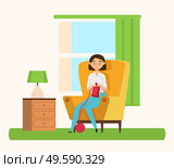 Woman knitting, hobby past time. Vector cartoon style lady sitting on armchair and needle crafting. Person with needles, crocheting cloth, needlework indoors. Knitting Hobby, Girl Needle-crafting, Cloth Vector. Стоковая иллюстрация, агентство Ingram Publishing / Фотобанк Лори