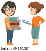 Book club for pupils after lessons. Schoolgirl standing near teacher woman. Girl with five books in hands. Hobby reading interesting stories. Back to school concept. Flat cartoon vector illustration. Girl in Book Club with Teacher and Holding Books. Стоковая иллюстрация, агентство Ingram Publishing / Фотобанк Лори