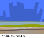 Empty park with street and lawn in city vector. Cityscape with skyscrapers, skyline of downtown. Modern megapolis with high buildings. Architecture and facade of estate. Pavement on road flat style. Cityscape with Skyscrapers, Empty Park Road Vector. Стоковая иллюстрация, агентство Ingram Publishing / Фотобанк Лори