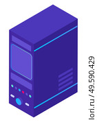 Datacenter technology vector, isolated cbock server with information and data isolated icon. Info on storage, system of supercomputer with buttons and lights. Illustration in isometric 3d style. Database Block with Information Storage System. Стоковая иллюстрация, агентство Ingram Publishing / Фотобанк Лори