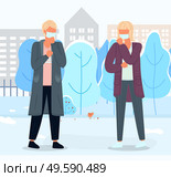 Two young blonde man and woman wearing medical masks coughing at city background. Concept of viral epidemic. Set of characters in protection masks. Illustration in flat style with cartoon characters. Young blond man and woman wearing medical masks coughing at city background, viral pandemic. Стоковая иллюстрация, агентство Ingram Publishing / Фотобанк Лори
