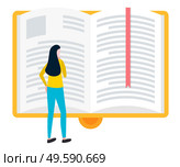 Woman reading big open book with bookmark, knowledge source and literature. Vector e-learning concept, e-book icon in yellow hard cover, female reader. Woman Reading Big Open Book with Bookmark Vector. Стоковая иллюстрация, агентство Ingram Publishing / Фотобанк Лори