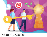 Online education landing web page template vector. Female and male student, degree receiving at home, knowledge and kills training. Girl and boy with key and keyhole, target and clock illustration. Studying Online, Internet Education Key and Hole. Стоковая иллюстрация, агентство Ingram Publishing / Фотобанк Лори