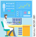 Doctor sitting on workplace and researching diagnostic report patient, ct scan. Monitor with cardiogram and organs icon, laboratory occupation, mri vector. Health Diagnostic, CT or MRI, Medical Care Vector. Стоковая иллюстрация, агентство Ingram Publishing / Фотобанк Лори