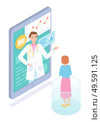 Isometric illustration of smartphone with online consultation of doctor and patient in internet, videocall. Treatment plan schedule, personal patient’s card, calendar. Medical app for virtual aid. Isometric illustration of mobile, online consultation with doctor, virtual medical aid, patient card. Стоковая иллюстрация, агентство Ingram Publishing / Фотобанк Лори