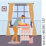 Father changing diapers of newborn baby vector, daddy and kid laying on table, room interior with furniture and curtains, framed picture, family care, concept for Father day. Father Caring for Child, Newborn Baby on Table. Стоковая иллюстрация, агентство Ingram Publishing / Фотобанк Лори