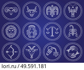 Twelve astrological signs. Icons of aquarius and gemini, virgo and scorpio, cancer and taurus, aries and libra, leo and pisces, capricort and sagittarius. Vector illustration of zodiacs in flat style. Twelve Astrological Signs, Isolated Icon of Zodiac. Стоковая иллюстрация, агентство Ingram Publishing / Фотобанк Лори