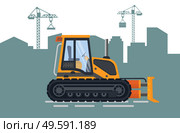 Bulldozer near development of skyscraper and jenny. Construction equipment and building view, excavator and town development, shadow of city vector. Construction of City, Build and Bulldozer Vector. Стоковая иллюстрация, агентство Ingram Publishing / Фотобанк Лори