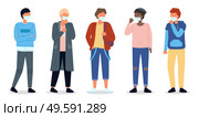 Multinational men wearing face medical masks. Viral pandemia. People in protective masks at white. Vector cartoon characters. Coronavirus 2019-ncov flu. Respiratory protection virus pandemia. Multinational men wearing face medical masks. Viral pandemia. People in protective masks at white. Стоковая иллюстрация, агентство Ingram Publishing / Фотобанк Лори