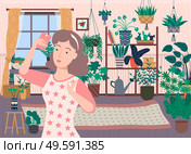 Pretty brunette woman taking selfie on phone at home. Many plants, flowers and cactuses on background in house like in orangery vector illustration. Woman with Phone in Hand, Plants and Flowers. Стоковая иллюстрация, агентство Ingram Publishing / Фотобанк Лори